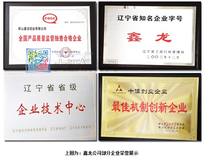鑫龍鋁業(yè)獲得的榮譽(yù)資質(zhì)證書展示