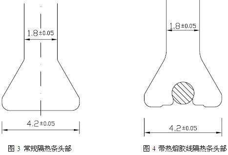 常規(guī)隔熱條頭部與帶熱熔膠線隔熱條頭部截面對比